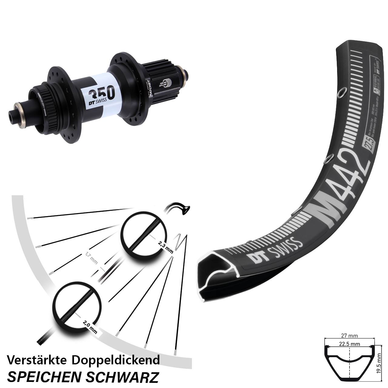 28 Zoll DT Swiss M442-350 Ratchet 36 Centerlock Hinterrad QR Shimano Micro Spline