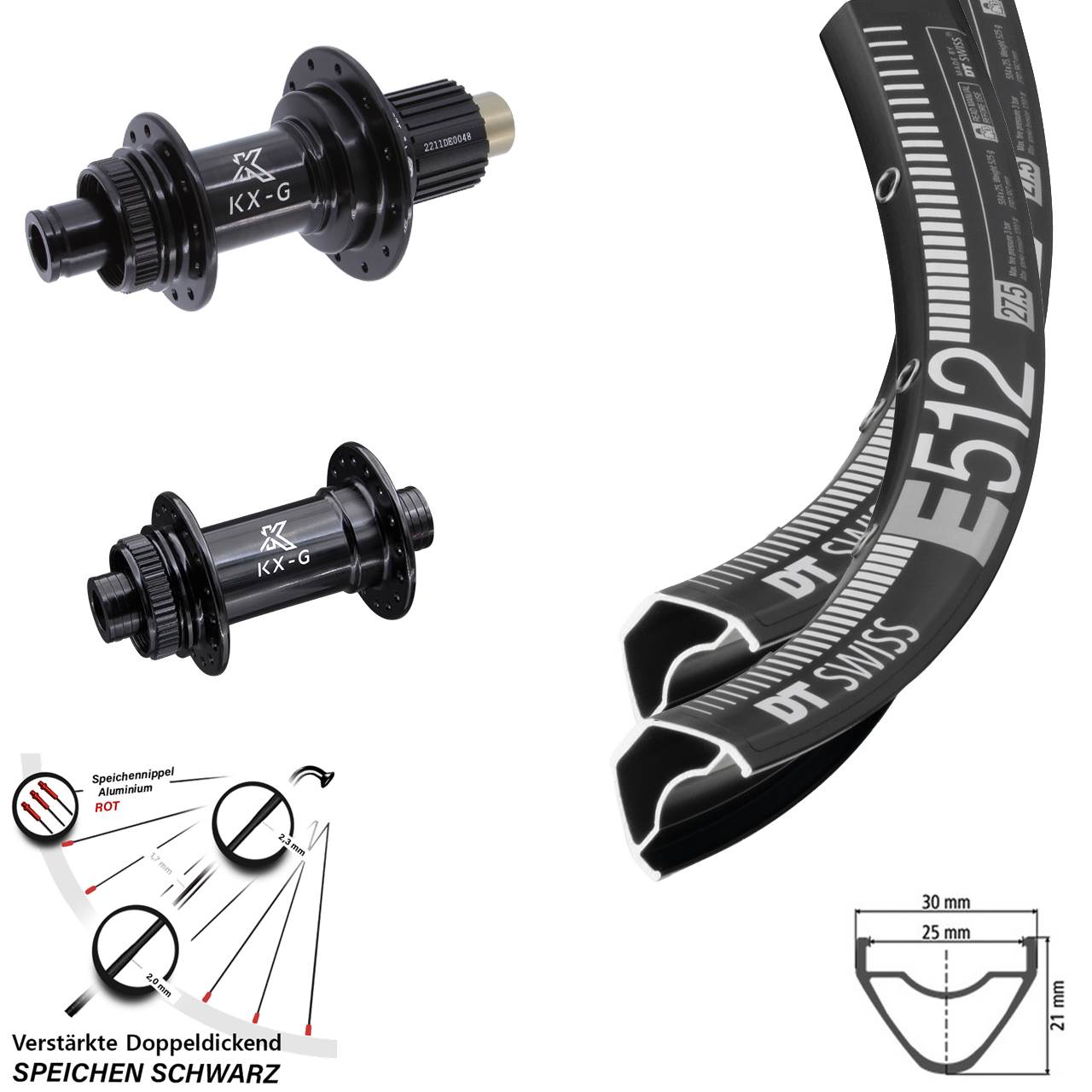 29 Zoll DT Swiss E 512 KX-G Steckachse Centerlock Laufradsatz 15x100 12x142 Micro Spline