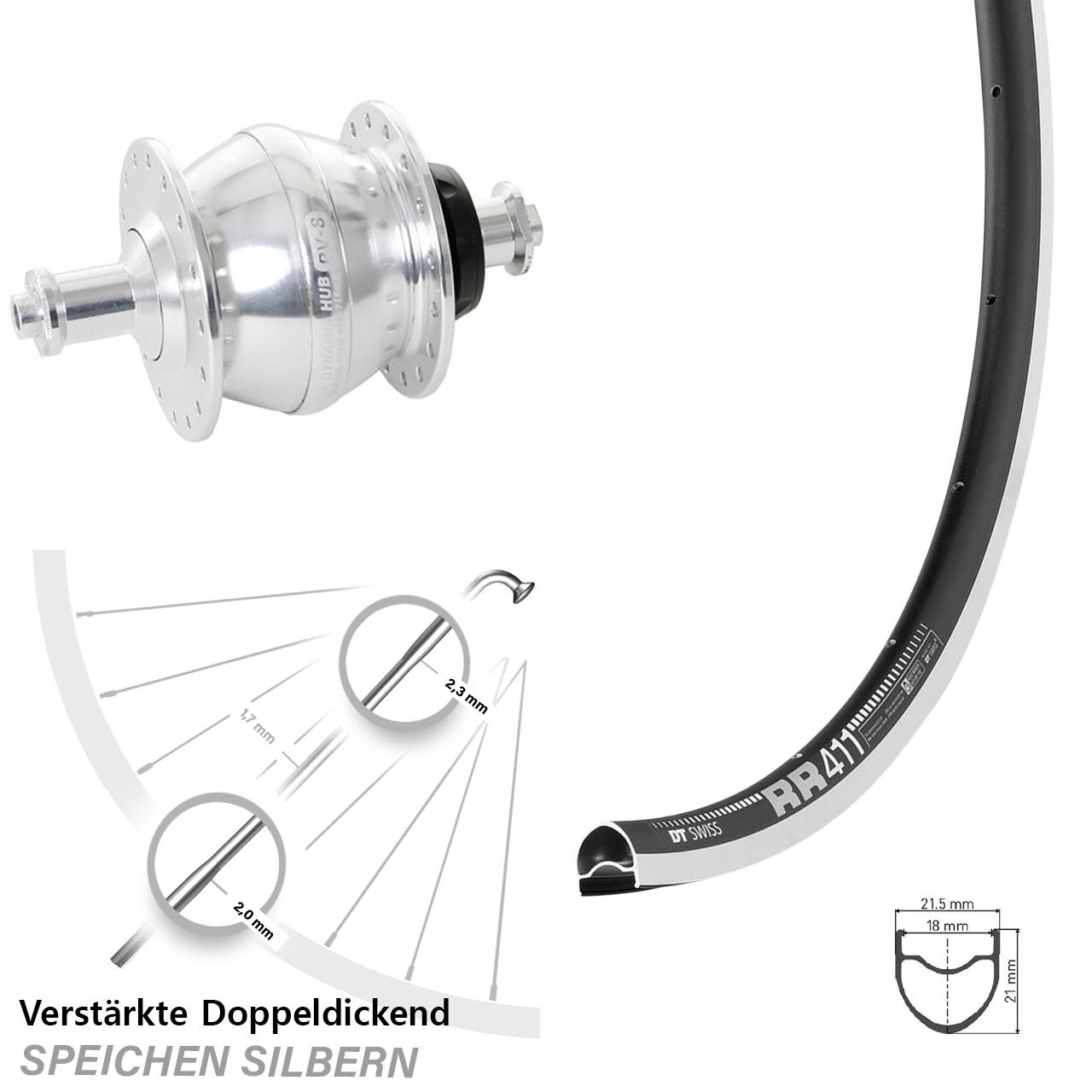 28 Zoll DT Swiss RR 411 Shutter Precision PV-8 Vorderrad mit Nabendynamo QR