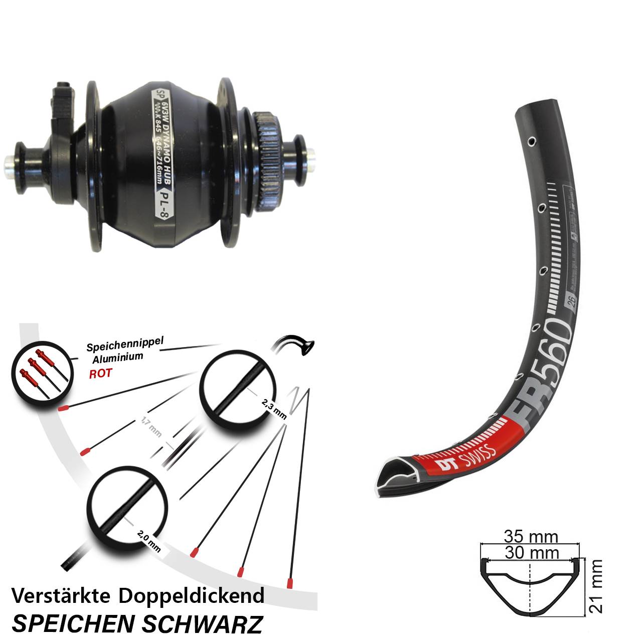 DT Swiss FR560 Shutter PL-8 26 Zoll Disc Laufrad mit Nabendynamo QR