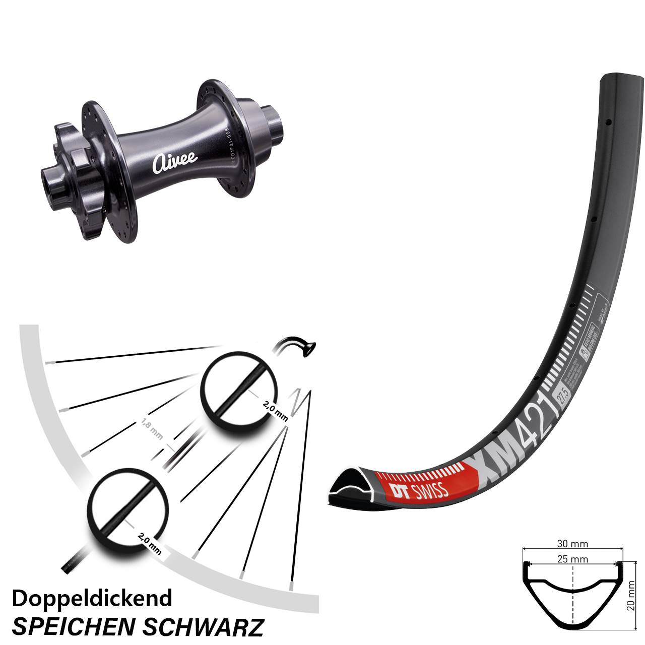Laufrad 27,5 Zoll DT Swiss XM 421 Disc Aivee Classic 15x110 6-Loch