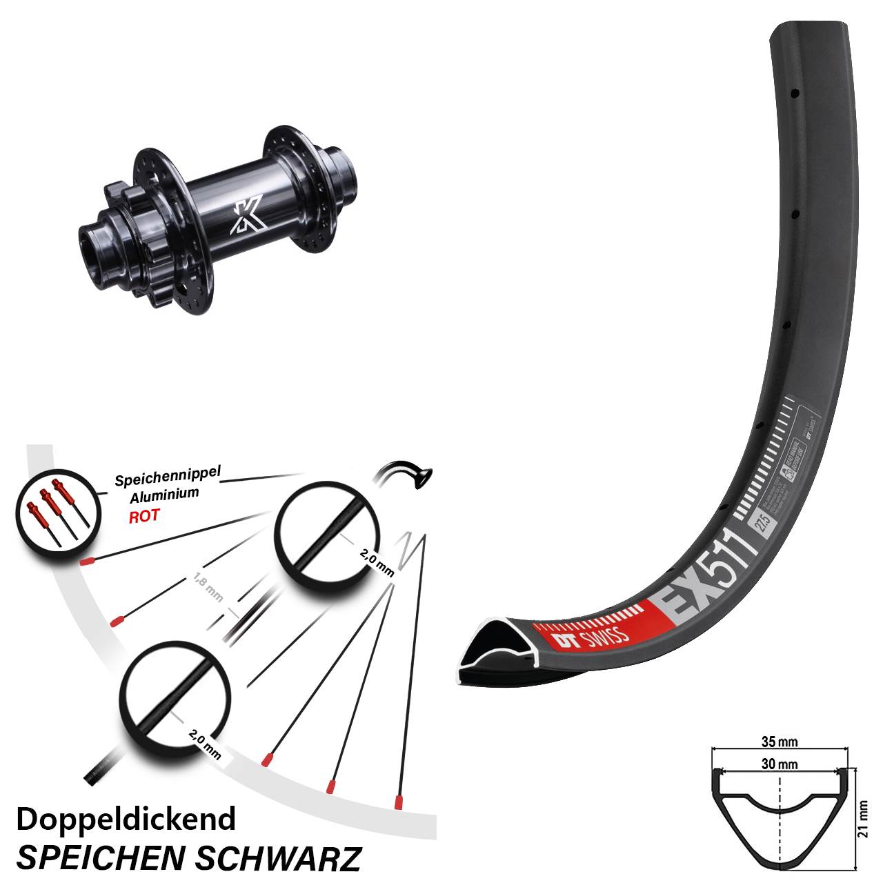 DT Swiss EX 511 Disc KX-M 27,5 Zoll 6-Loch Vorderrad 20x110 non Boost
