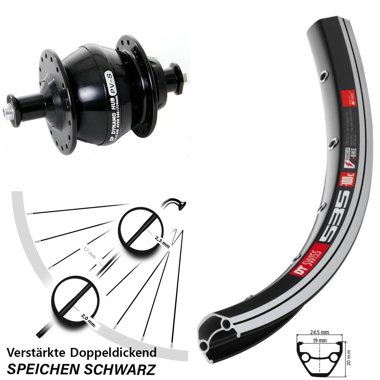 Vorderrad mit Nabendynamo für Schnellspanner 26 Zoll DT Swiss 535 Shutter Precision PV-8