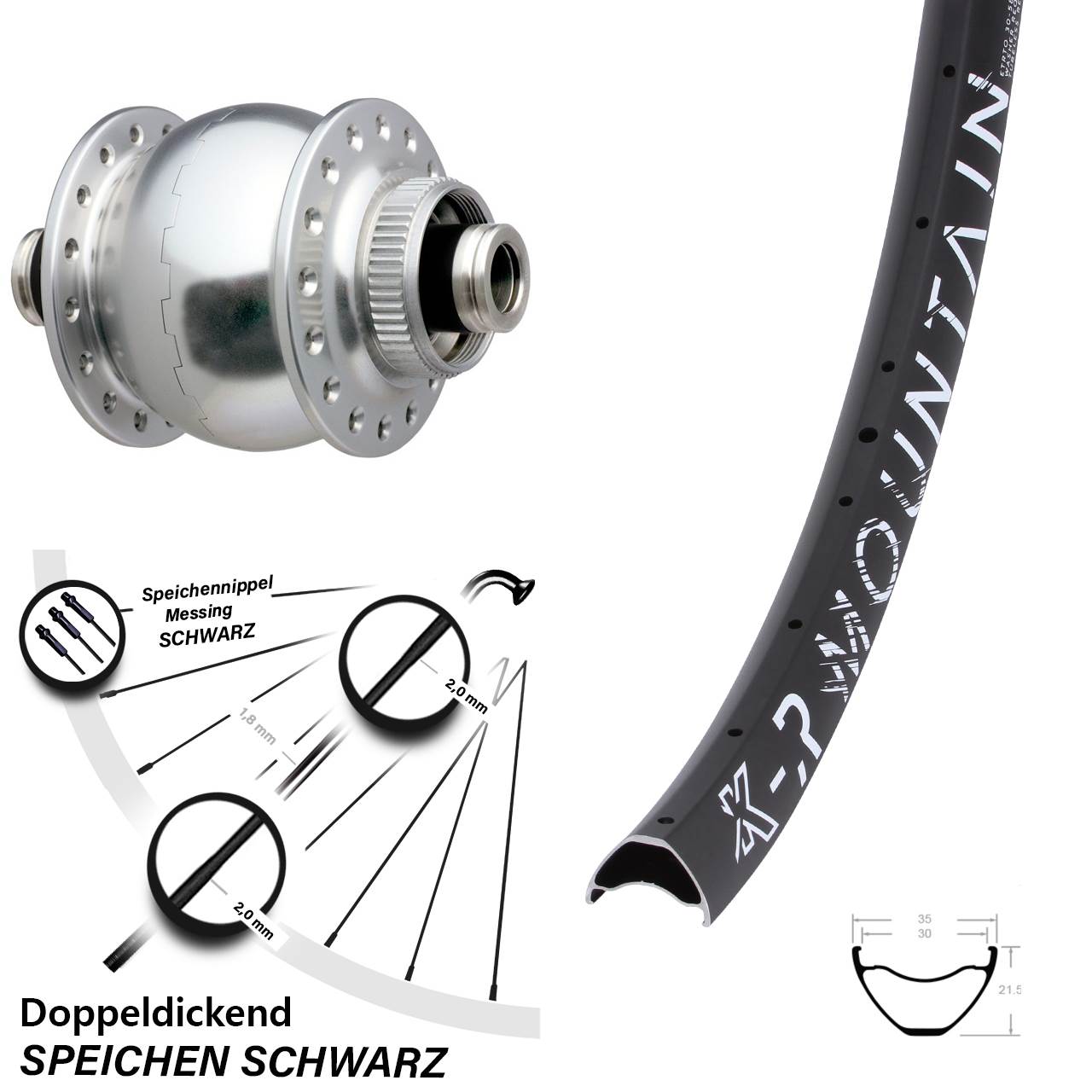 Disc Nabendynamo-Laufrad 27,5 Zoll KX-R Mountain SON 28 silbern 12x100