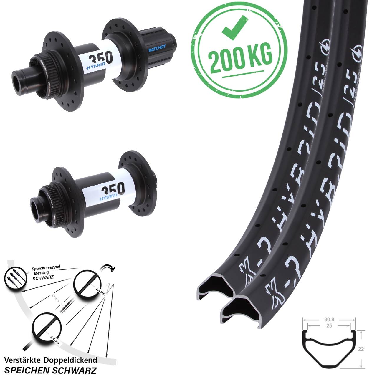 Boost Centerlock Laufradsatz 15x110 12x148 26 Zoll KX-R Hybrid 25 DT Swiss 350 E-Bike HG