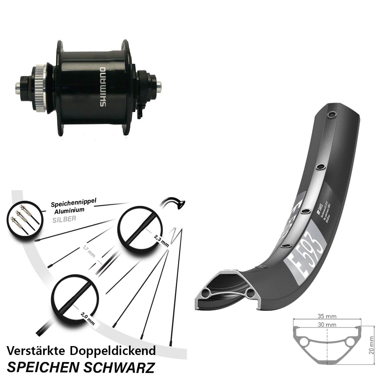 Nabendynamovorderrad Centerlock QR 29 Zoll DT Swiss E593 Shimano DH-UR700-3D