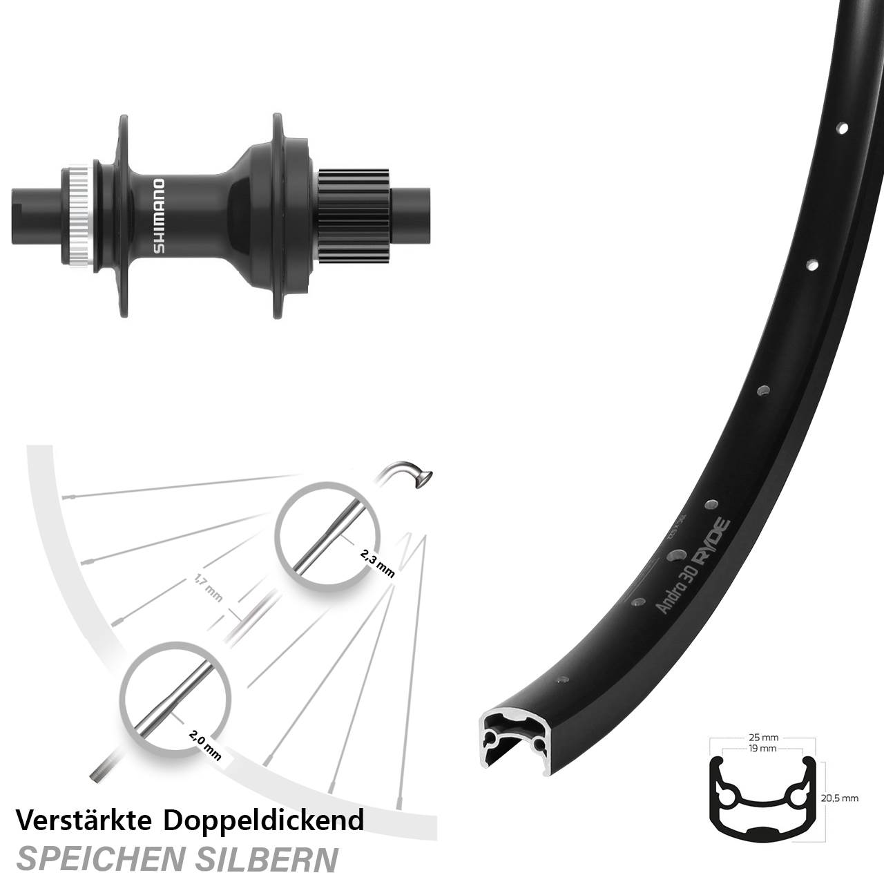 28 Zoll Ryde Andra 30 Shimano FH-MT410 Disc Hinterrad 12x142 Micro Spline