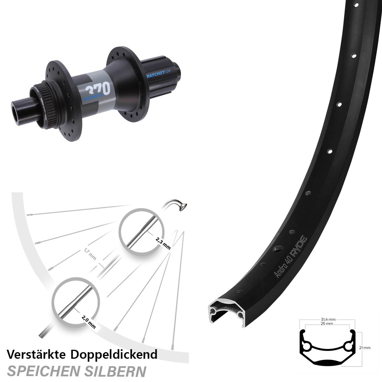 20 Zoll Ryde Andra 40 DT Swiss 370 Hybrid Disc Laufrad 12x148 8-11 fach