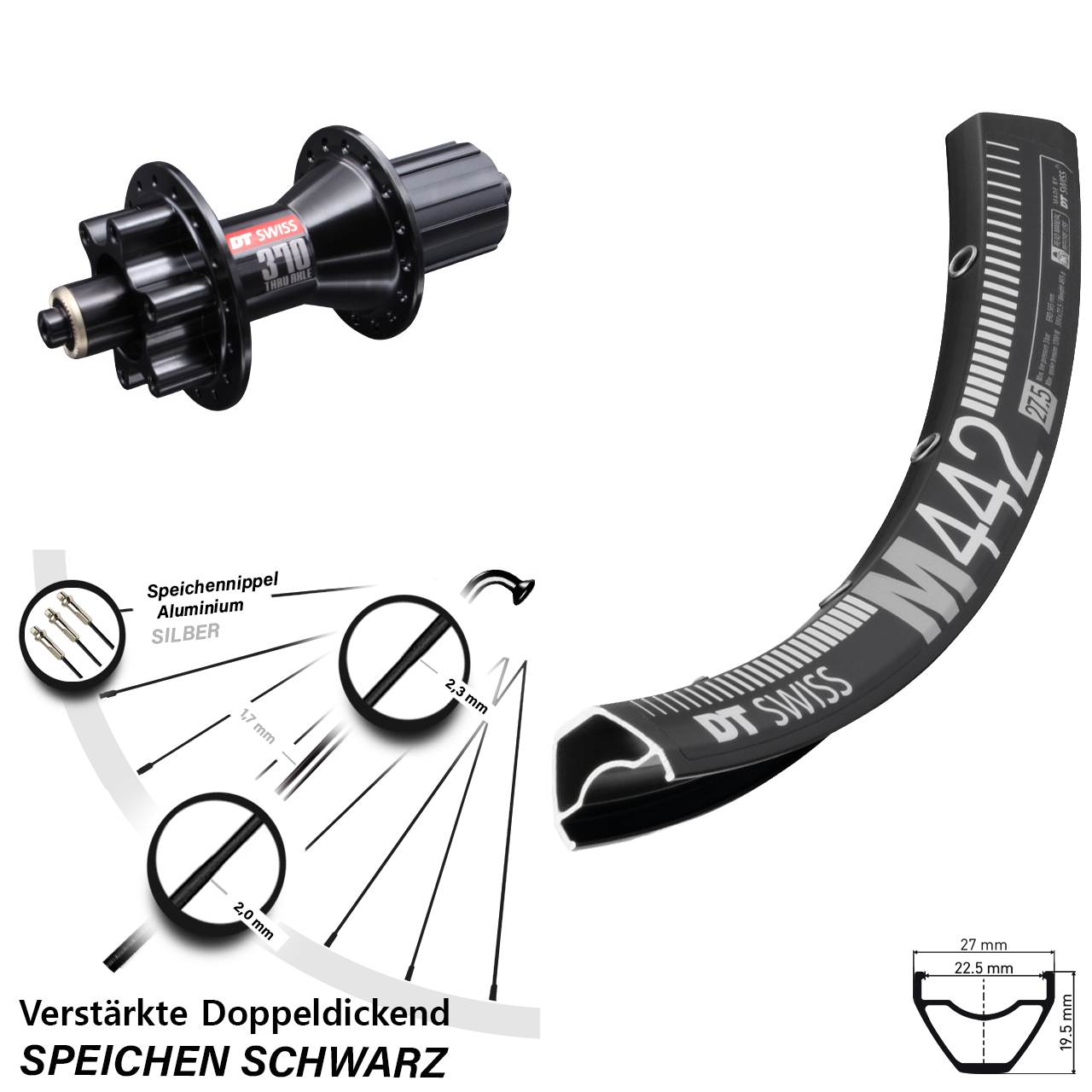 DT Swiss M 442-370 Hybrid 28 Zoll Disc Laufrad für Schnellspanner 8-11 fach