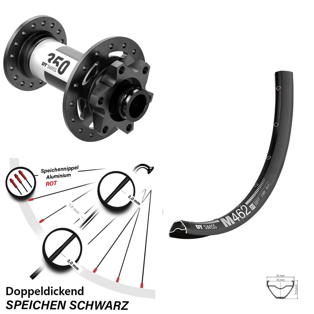 DT Swiss M 462 Vorderrad 27,5 Zoll mit 350 Boost 6-Loch 15x110 mm Nabe