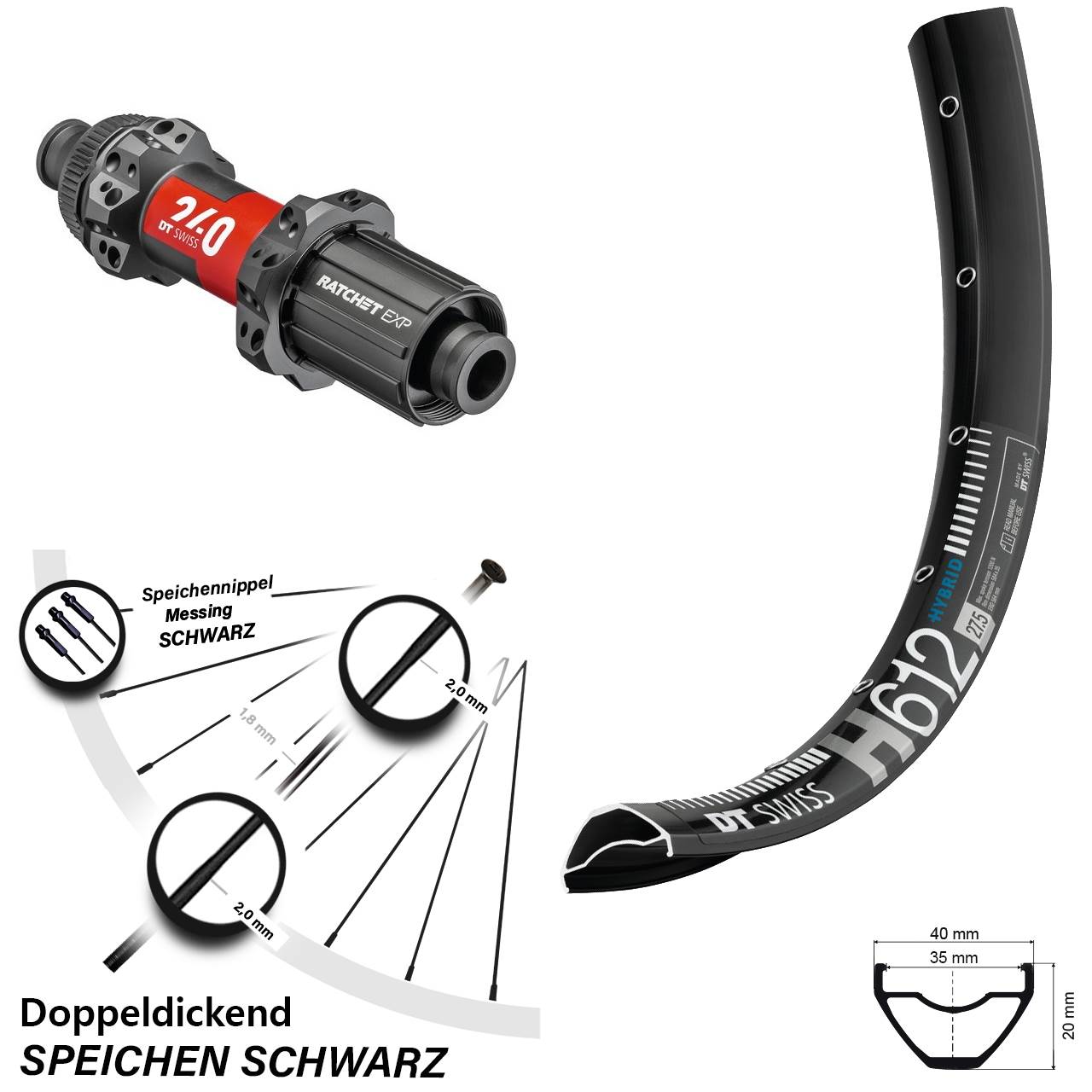 DT Swiss H612-240 EXP Straightpull CL Boost Hinterrad 27,5 Zoll Shimano HG 8-11 fach