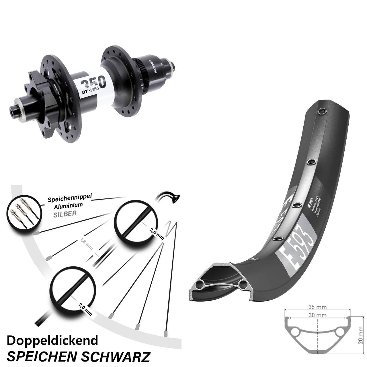 DT Swiss E593-350 29 Zoll Hinterrad 6-Loch für Schnellspanner Boost XD