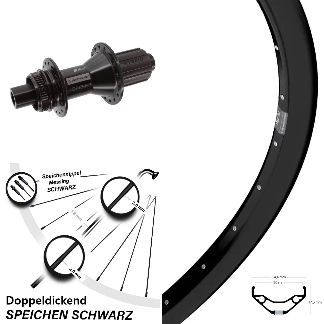 Centerlock Hinterrad 12x142 29 Zoll Ryde Disc 30 DT Swiss 370 Hybrid 8-11 fach