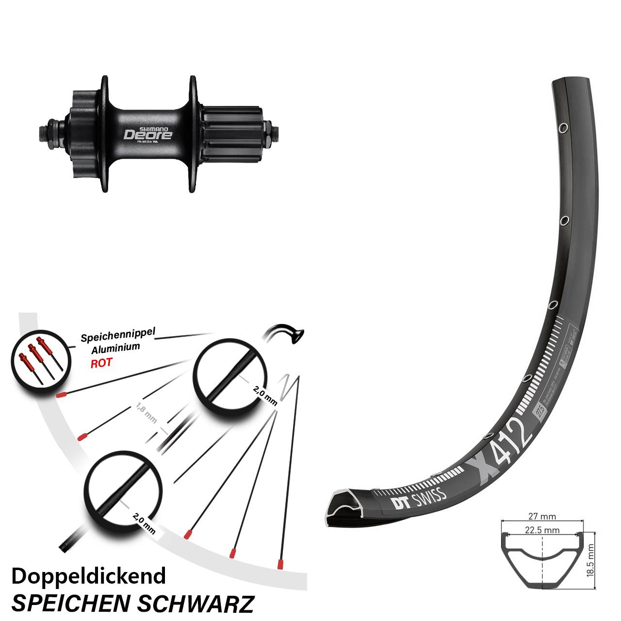 Hinterrad 6-Loch 28 Zoll DT Swiss X 412 Shimano Deore 8-11 fach QR