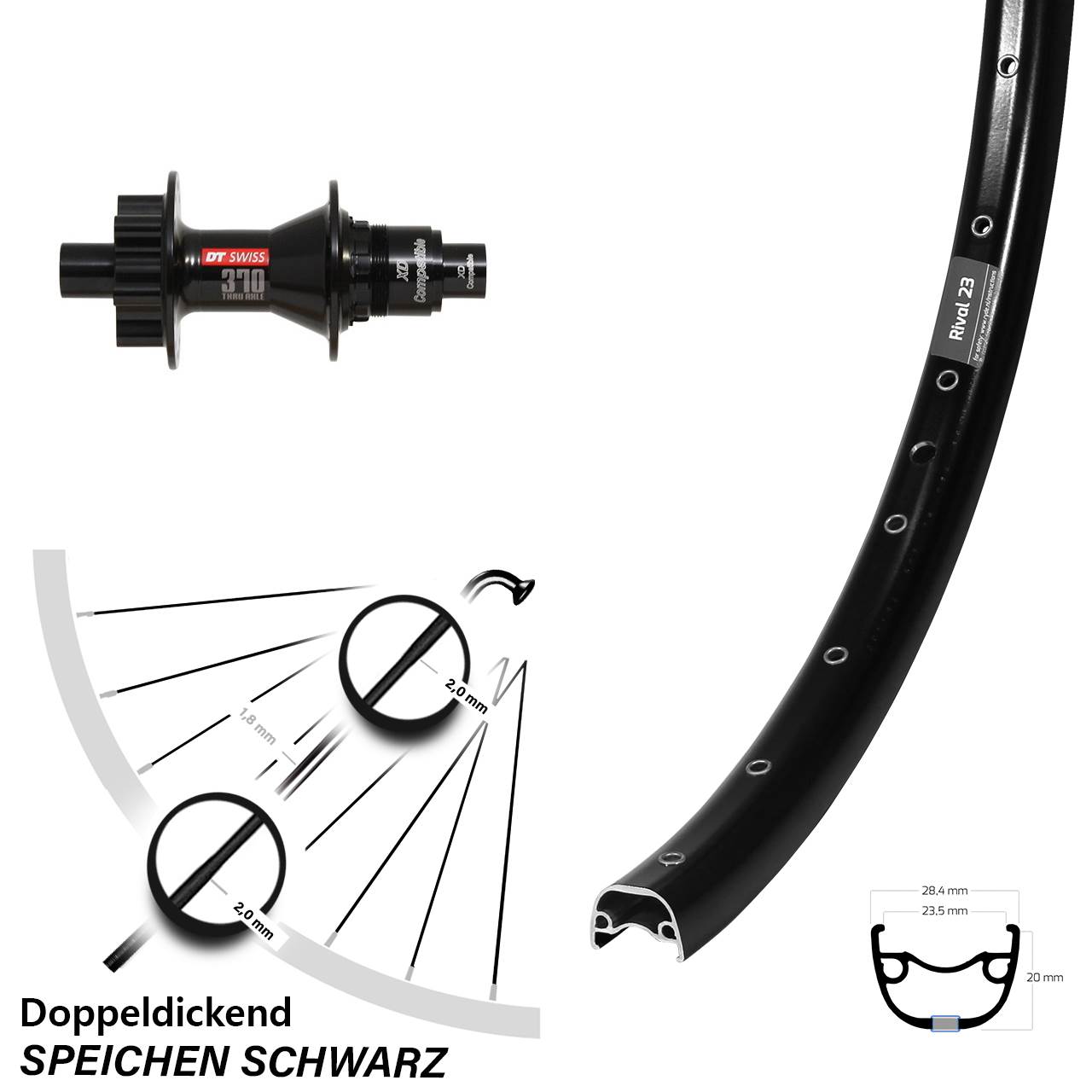 27,5 Zoll Hinterrad inklusive DT Swiss 370 6-Loch Ryde Rival 23