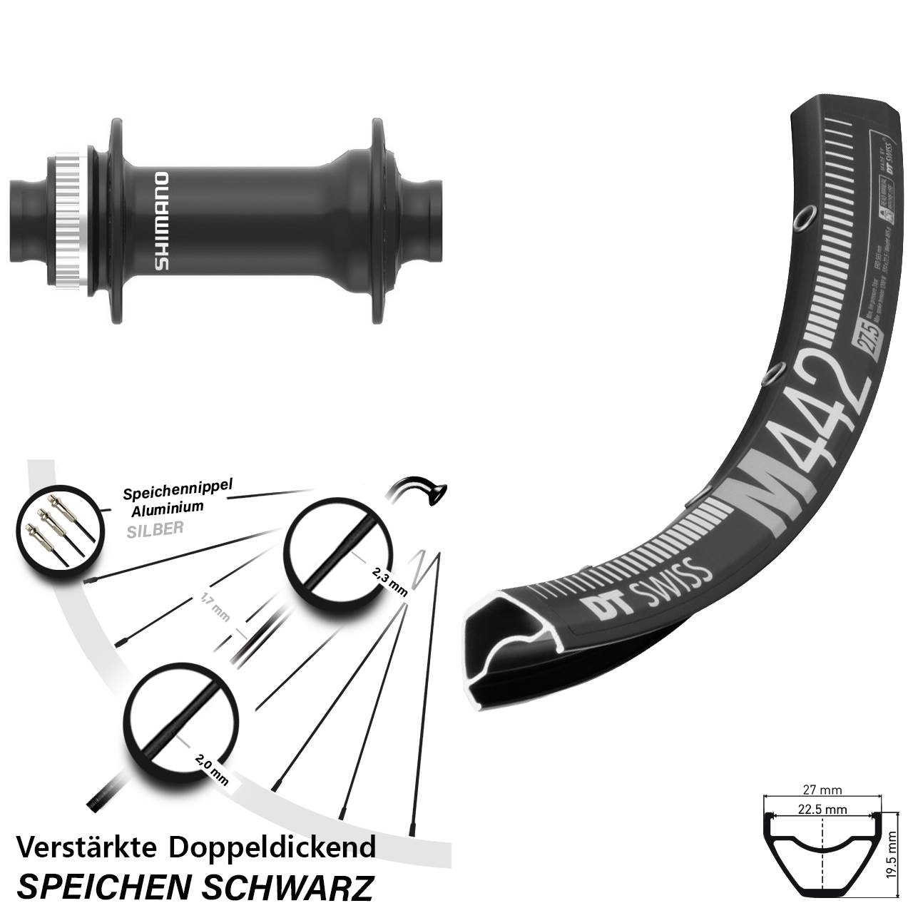 Disc Vorderrad 28 Zoll DT Swiss M442 Shimano HB-MT410-B 15x110 Boost