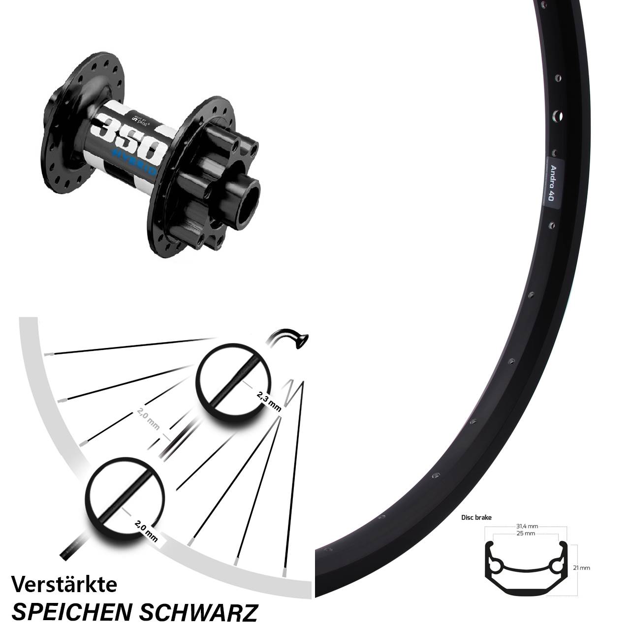 20 Zoll Vorderrad Ryde Andra 40 Disc DT Swiss 350 Boost Hybrid