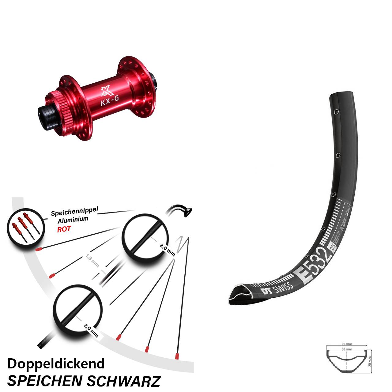 Vorderrad Centerlock 27,5 Zoll DT Swiss E532 KX-G rot 15x100