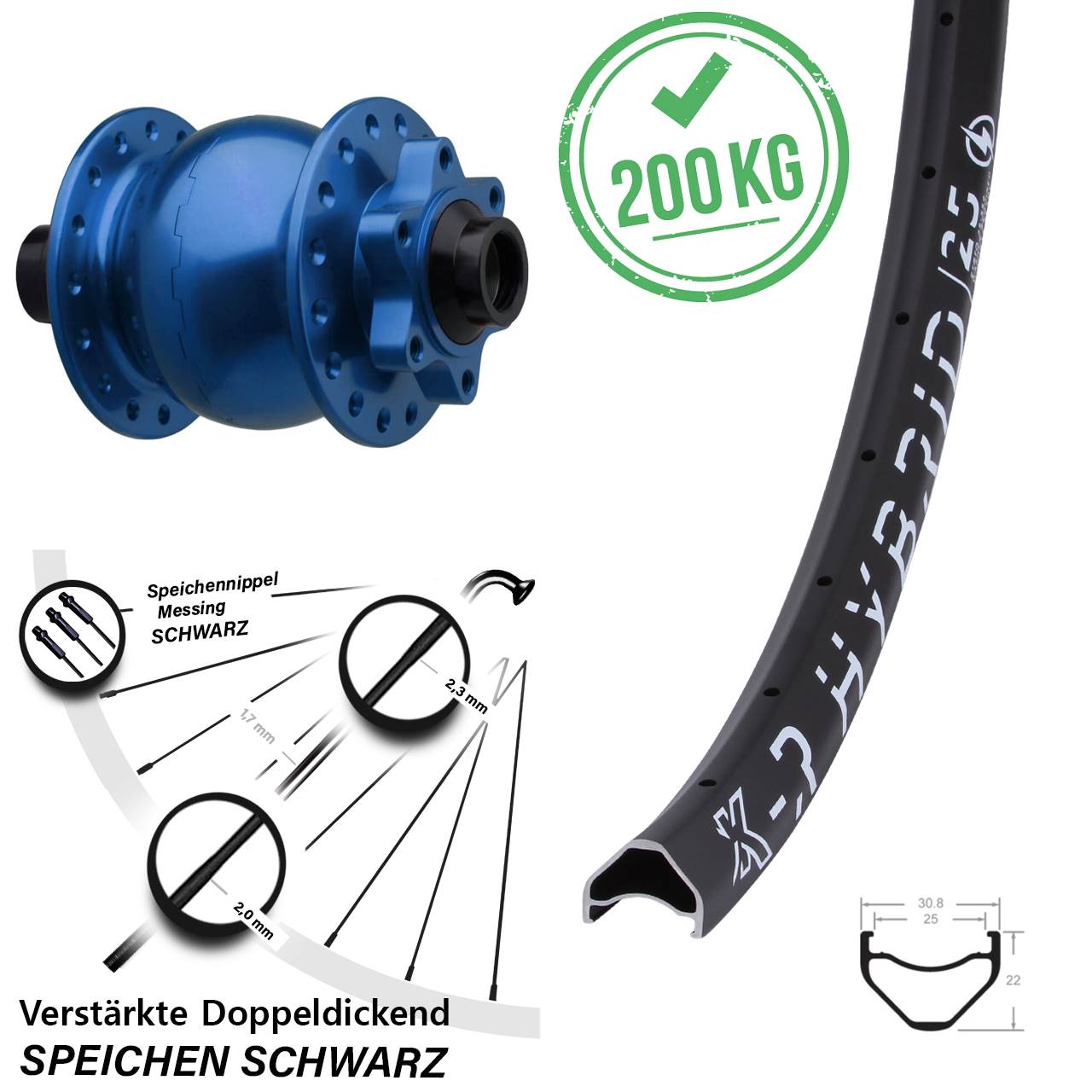 Boost Nabendynamovorderrad 6-Loch 15x110 26 Zoll KX-R Hybrid 25 SON 28 blau