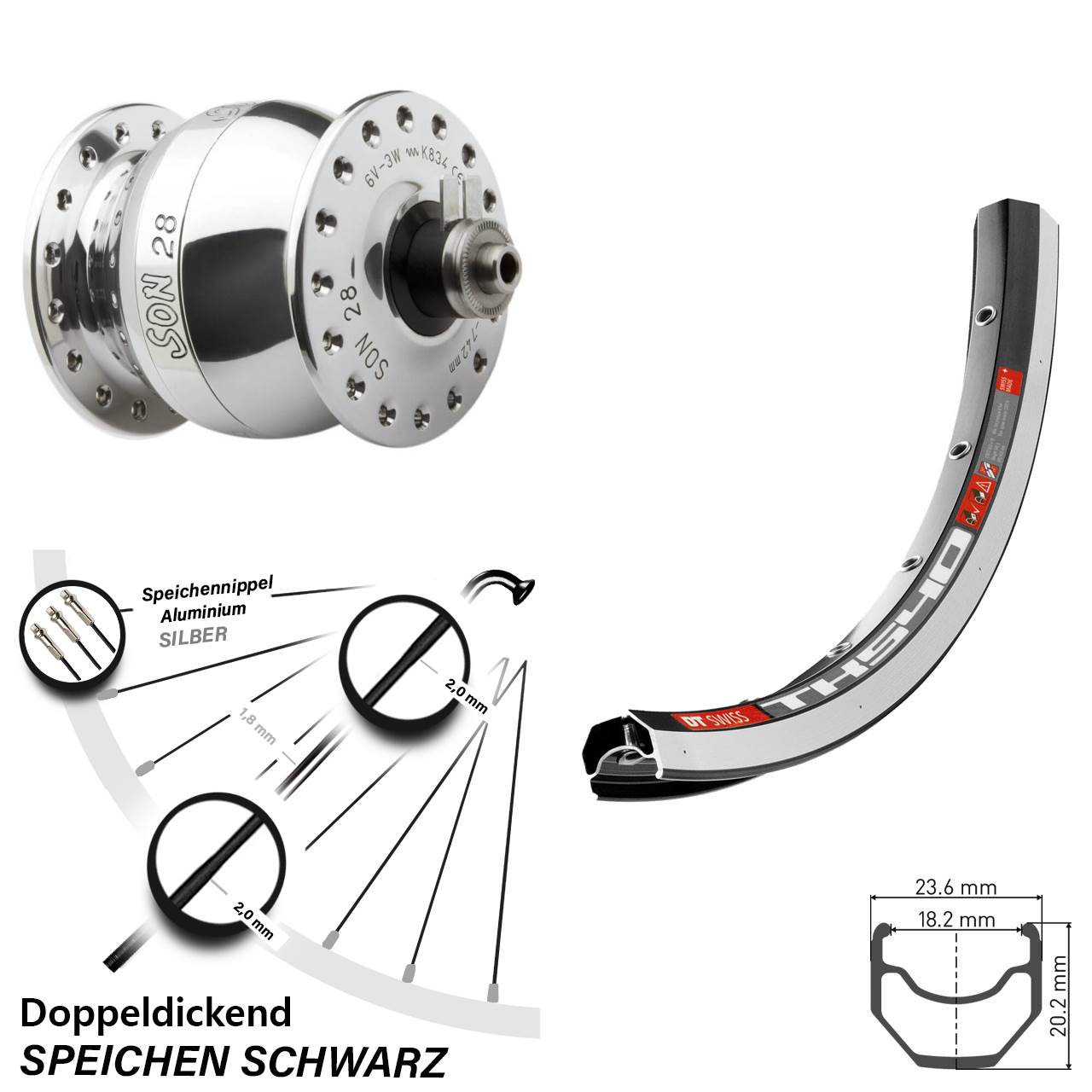 Vorderrad mit Nabendynamo SON 28 Zoll DT Swiss TK540 QR