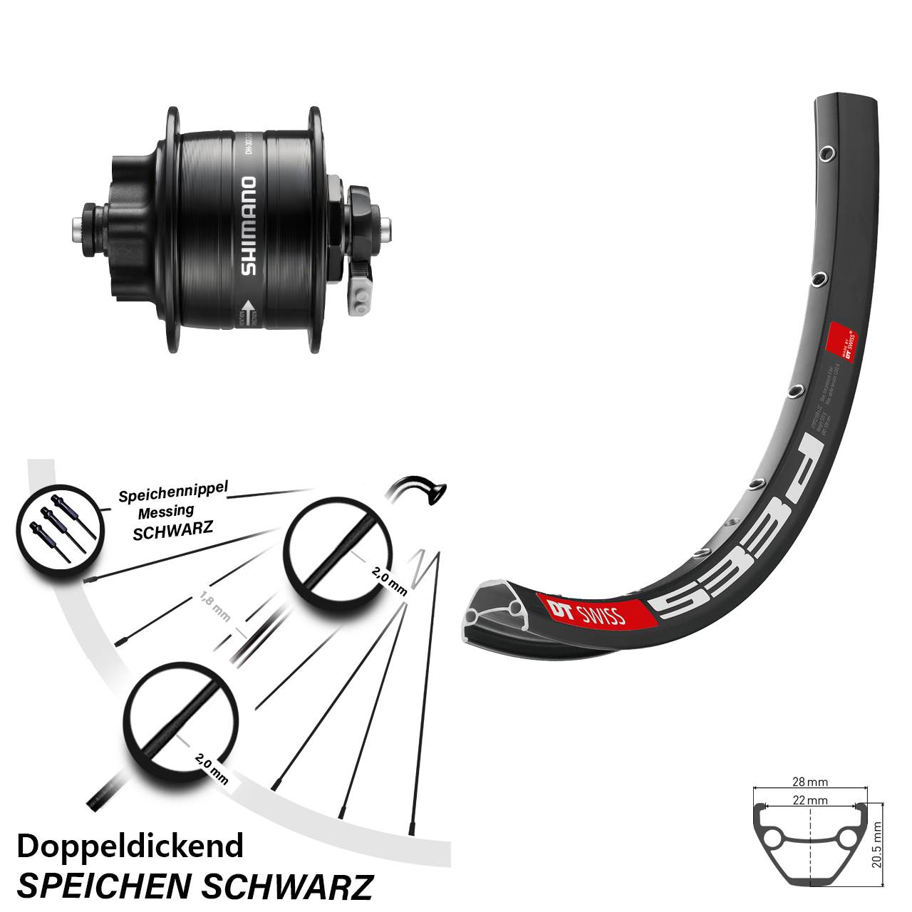 26 Zoll DT Swiss 533d Shimano DH-3D32-QR Vorderrad Nabendynamo 6-Loch