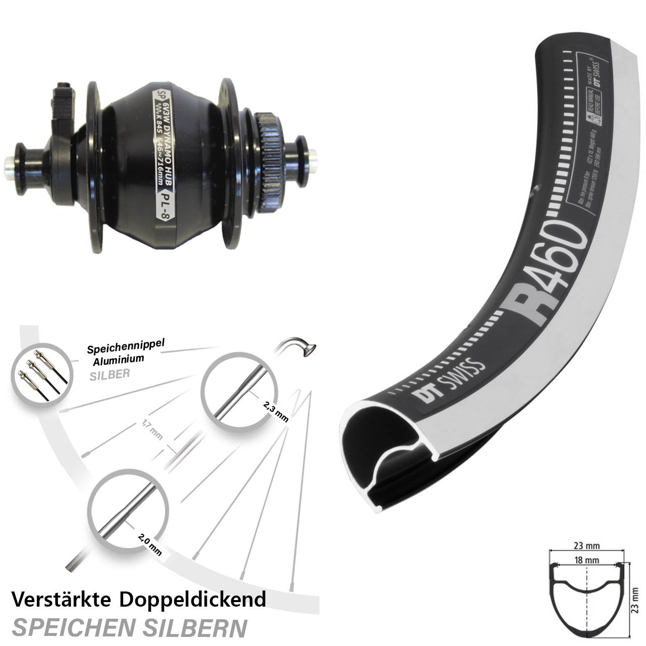 Vorderrad Rennrad 28 Zoll DT Swiss R460 Shutter Precision PL8 Nabendynamo Centerlock