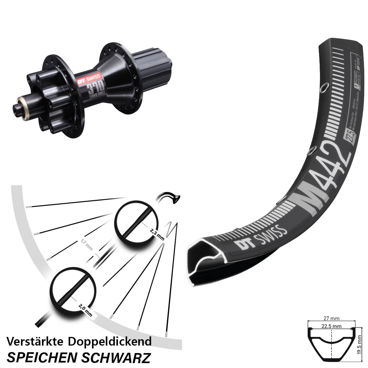DT Swiss M 442-370 Hybrid 28 Zoll Disc Laufrad für Schnellspanner 8-11 fach