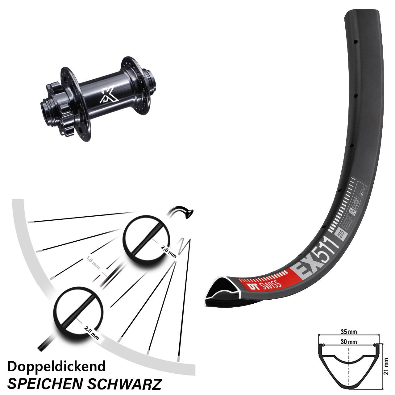 KX-M 6-Loch Disc 15x100 mm DT Swiss EX 511 Vorderrad 29 Zoll Enduro MTB Steckachse