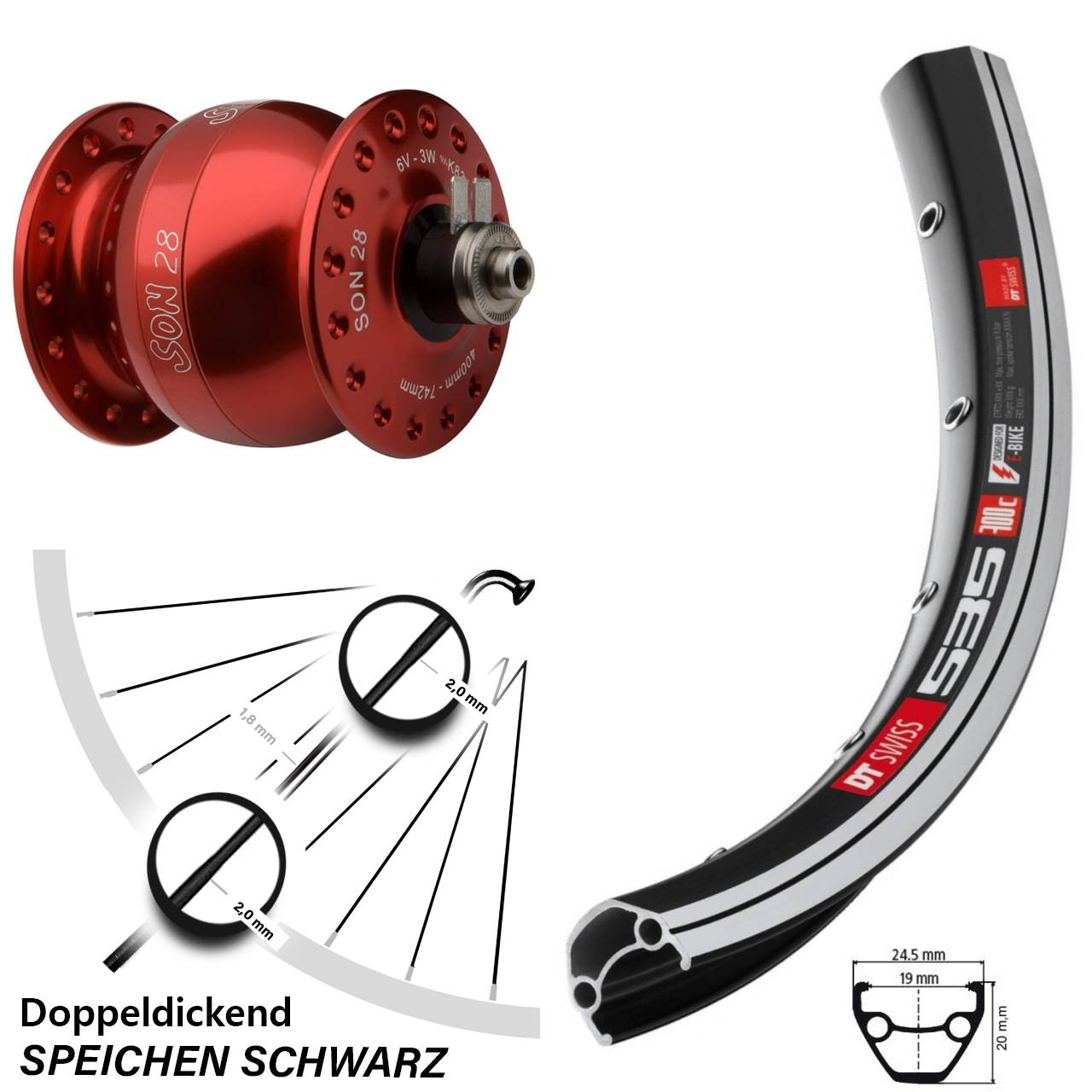 26 Zoll DT Swiss 535 SON 28 rot Dynamo-Vorderrad für Schnellspanner