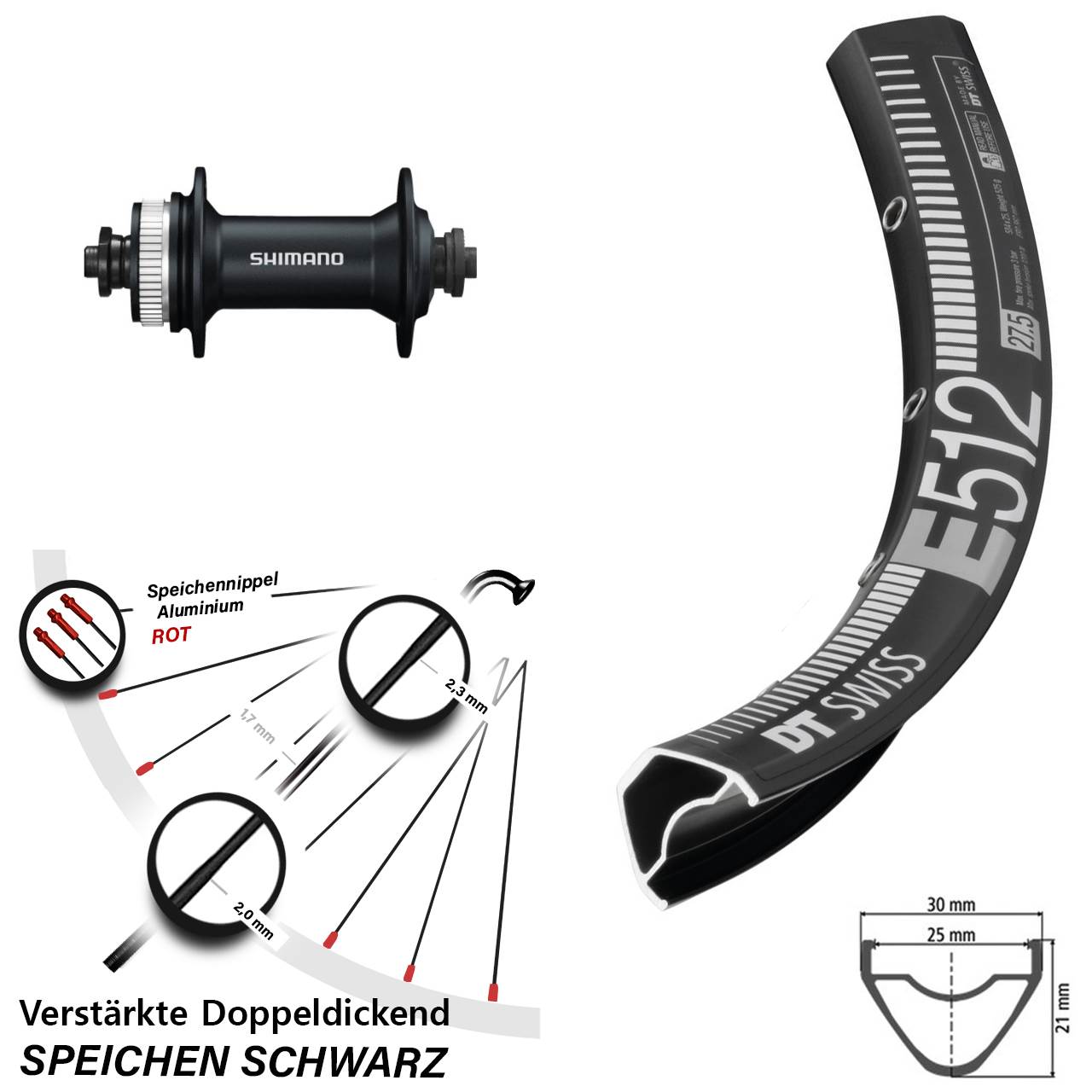 Vorderrad Centerlock 27,5 Zoll DT Swiss E512 Shimano HB-M4050 für Schnellspanner
