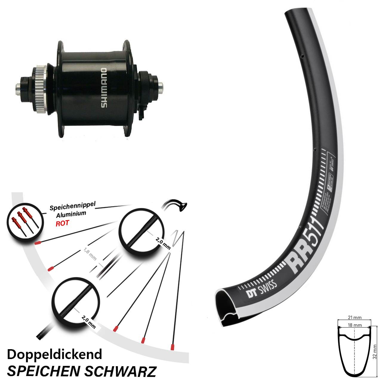 Shimano DH-UR700 Nabendynamo DT Swiss RR 511 Vorderrad 28 Zoll