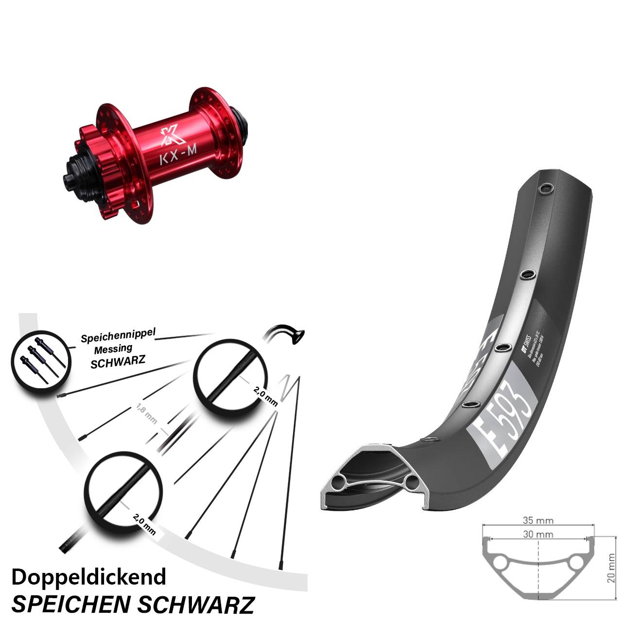 29 Zoll MTB DT Swiss E593 Disc KX-M 6-Loch Vorderrad QR