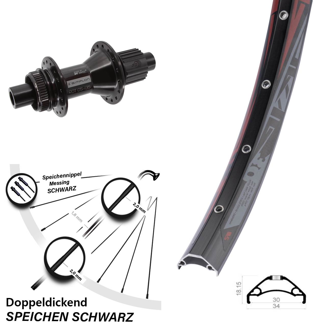 Rodi TRYP 30 DT Swiss 370 Hybrid 29 Zoll Hinterrad Centerlock 12x142 Shimano Micro Spline