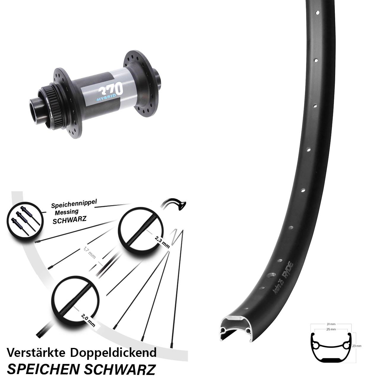 Boost Vorderrad Centerlock 15x110 28-29 Zoll Ryde Andra 25 DT Swiss 370 Hybrid