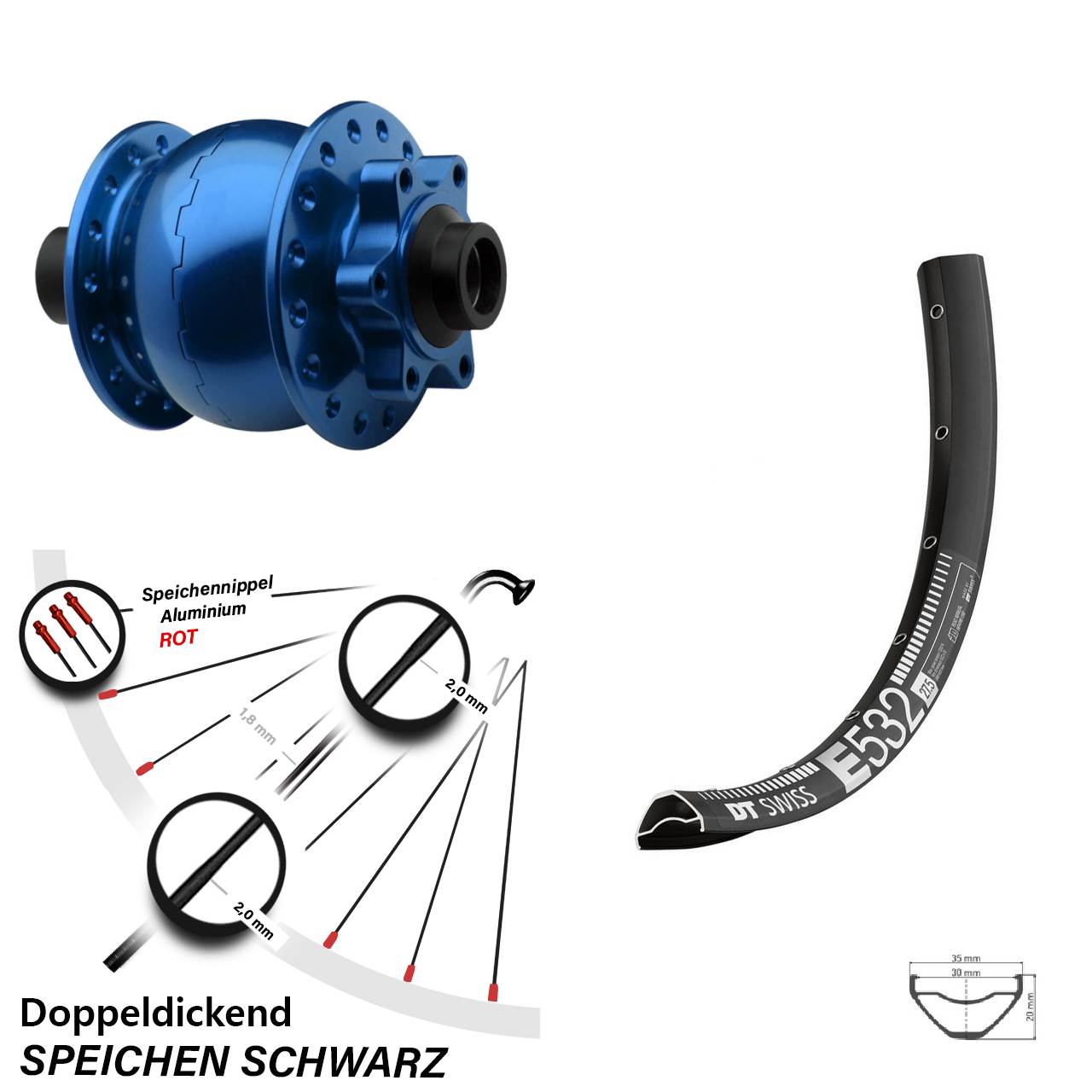 6-Loch Dynamo-Vorderrad 29 Zoll DT Swiss E 532 SON 28 blau 15x100