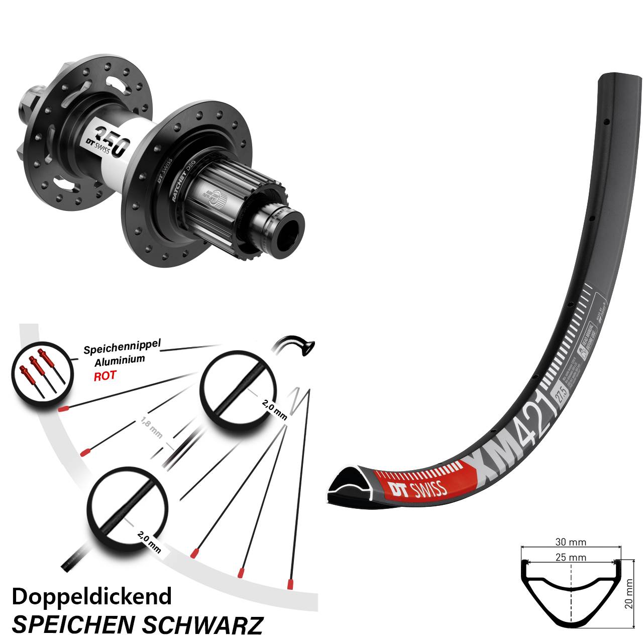 6-Loch Hinterrad 12x148 27,5 Zoll DT Swiss XM 421-350 DEG72 Micro Spline