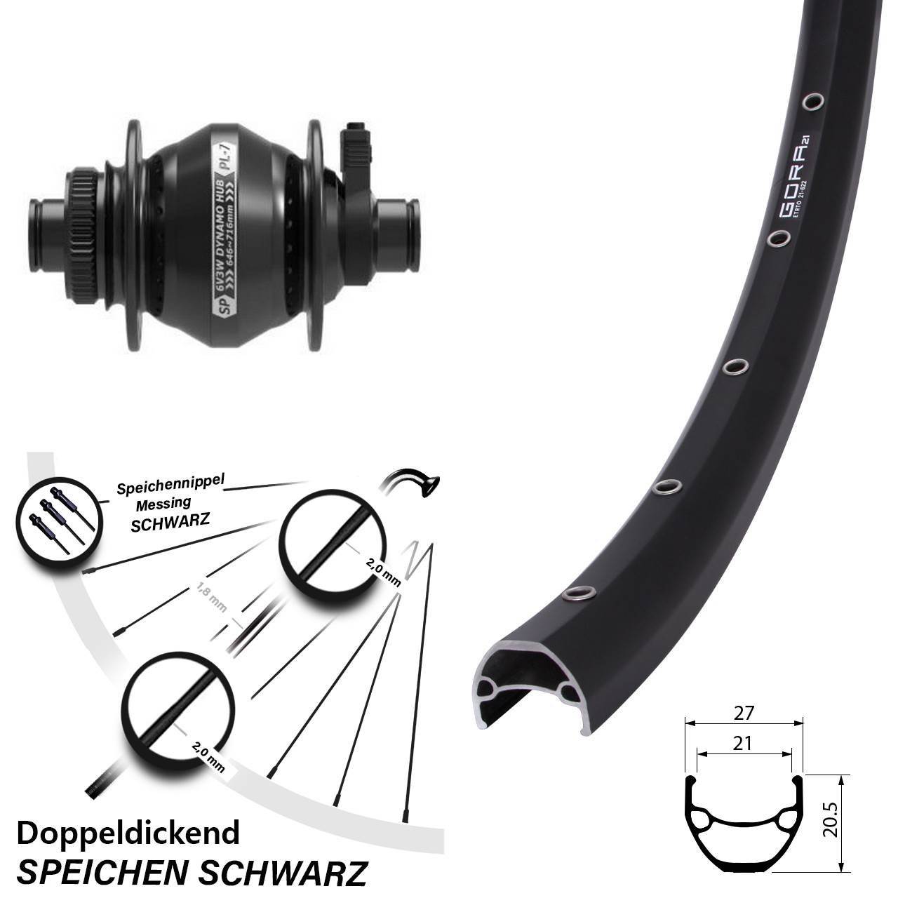 Nabendynamovorderrad 28 Zoll Gora 21 Shutter Precision PL-7 Centerlock 12x100