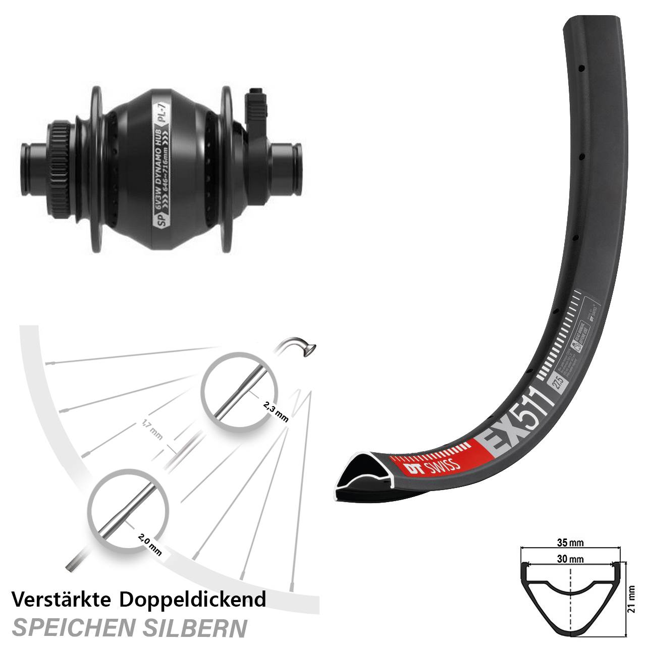 Disc Nabendynamo-Laufrad 29 Zoll DT Swiss EX 511 Shutter PL-7 12x100