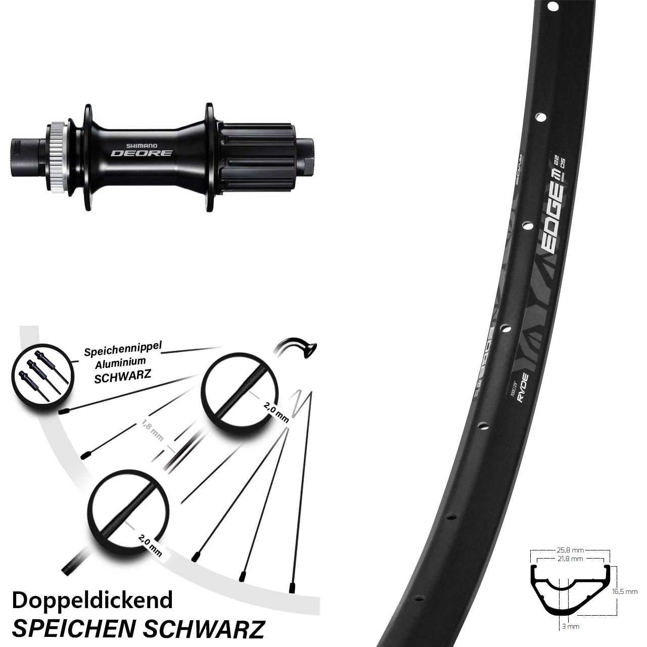 Hinterrad Centerlock 29 Zoll Ryde Edge M22 Shimano Deore 8-11 fach 12x148