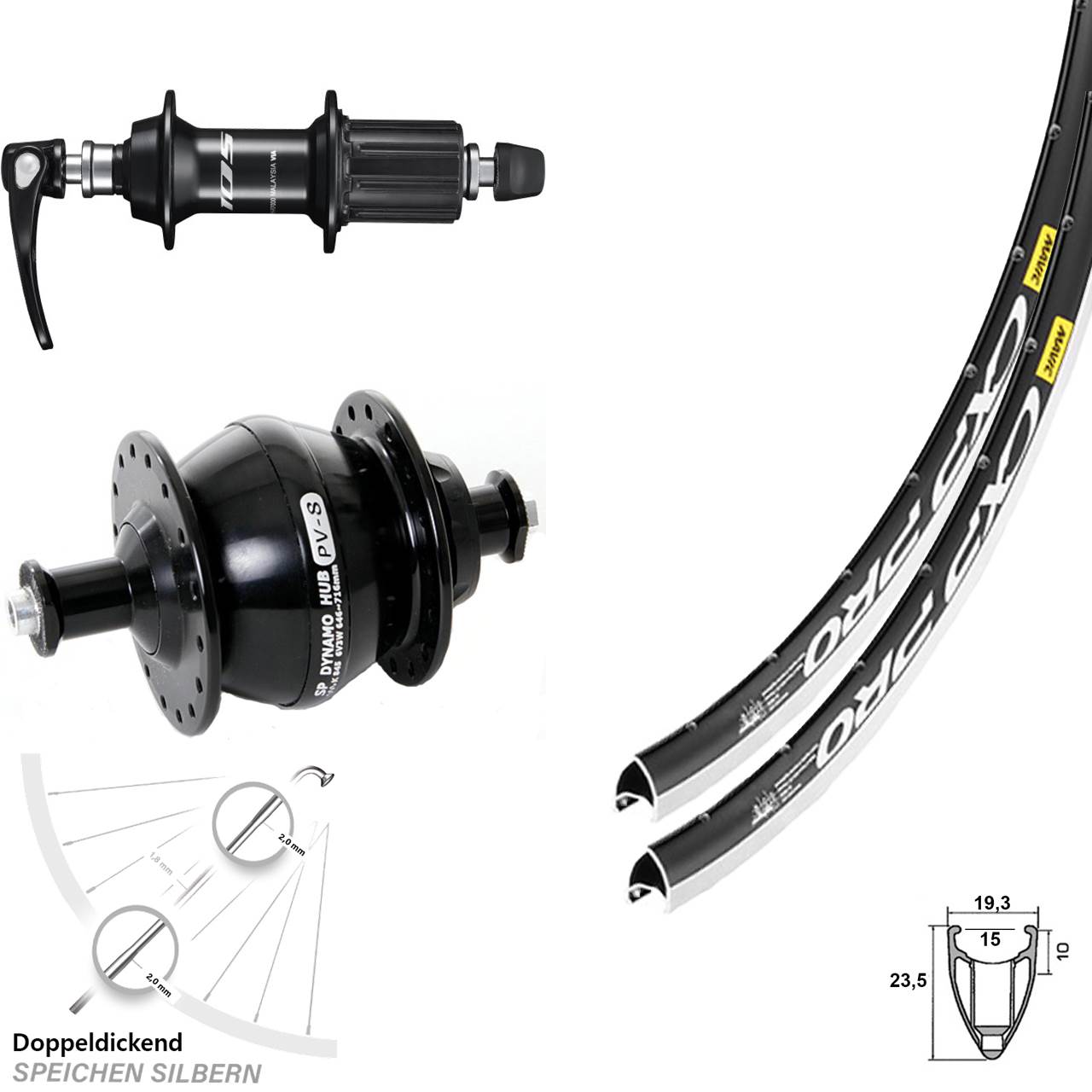 Mavic CXP Pro Shimano 105 Nabendynamo 28 Zoll Laufradsatz für Schnellspanner 8-12 fach HG