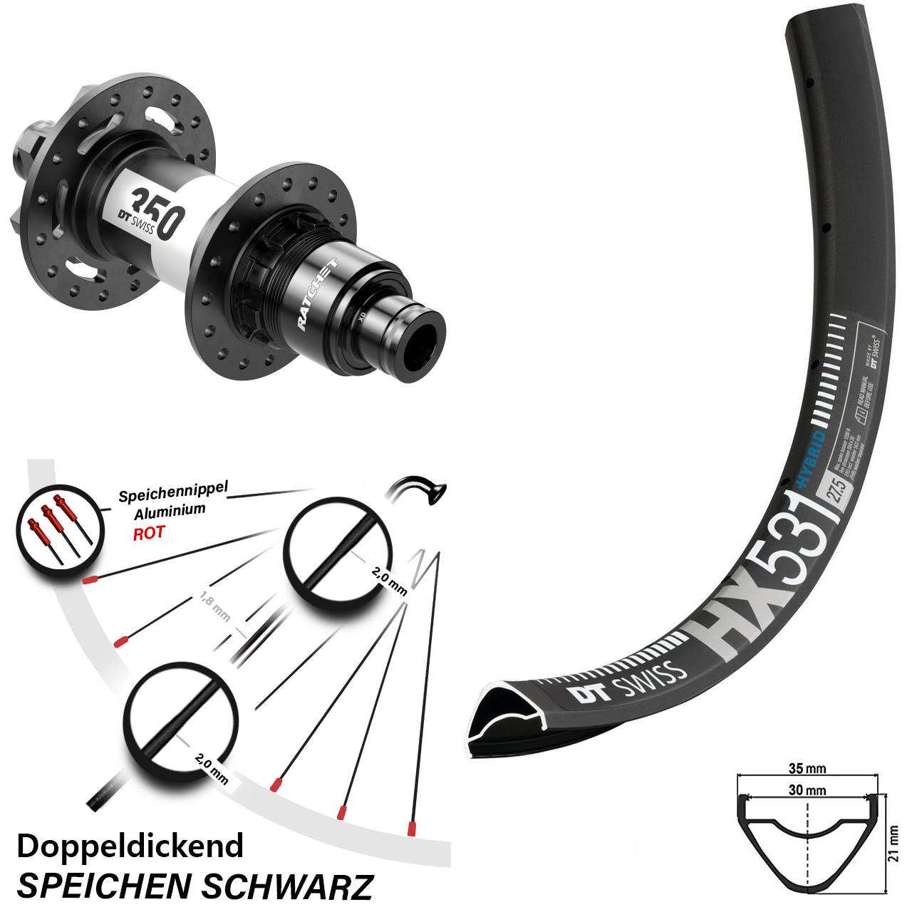 Hinterrad 29 Zoll DT Swiss HX 531-350 6-Loch Sram XD Boost