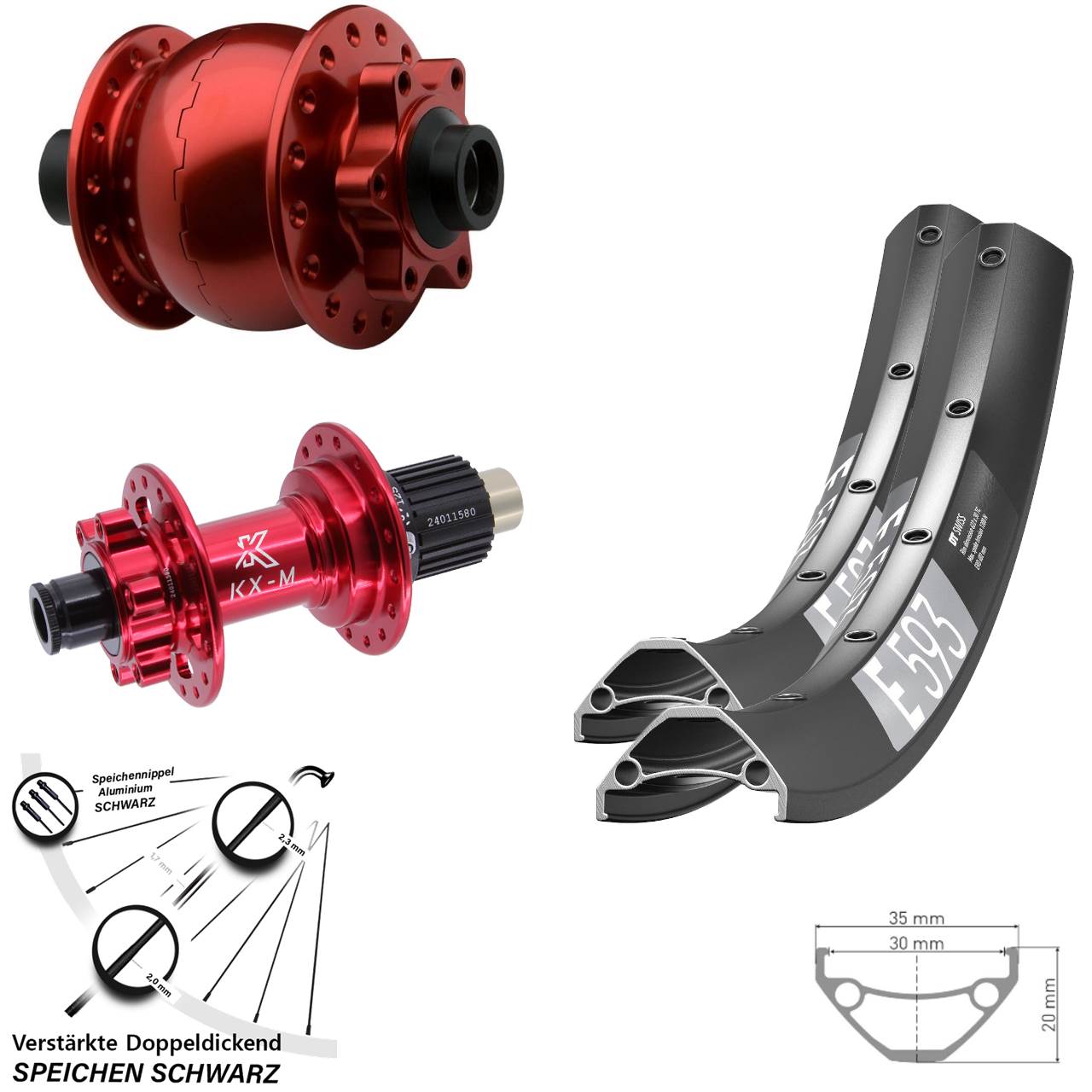 29 Zoll DT Swiss E593 KX-M rot SON 28 Disc Laufradsatz 15x100 12x142 Shimano Micro Spline