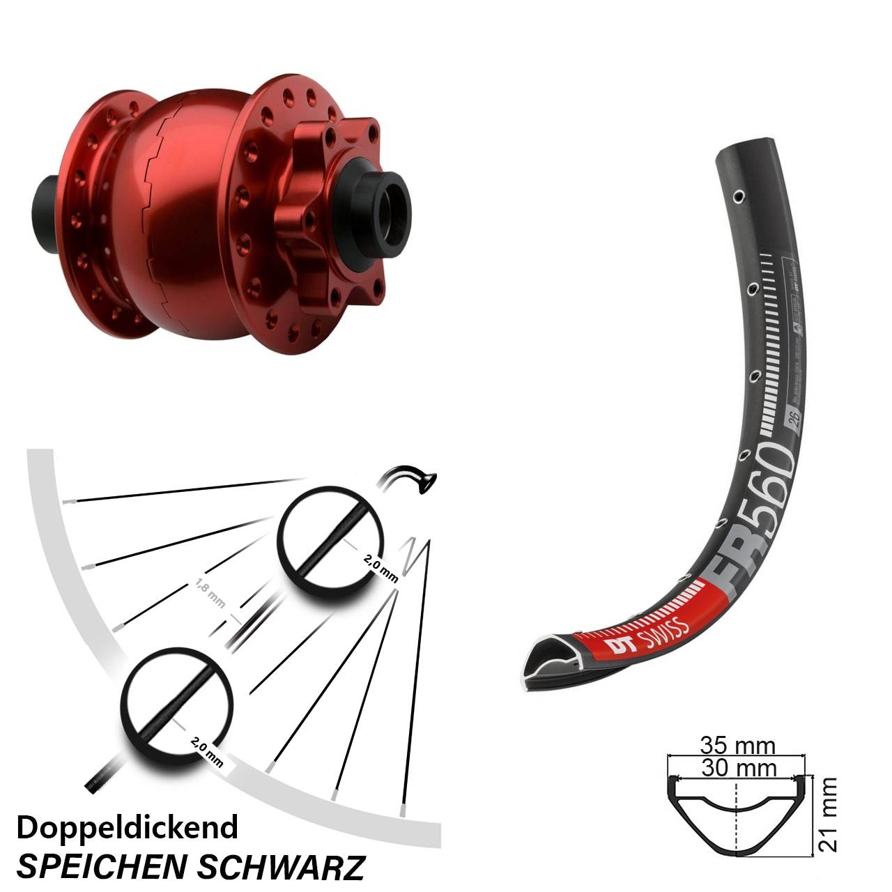 Disc Vorderrad mit Nabendynamo 26 Zoll DT Swiss FR560 SON 28 rot 15x100