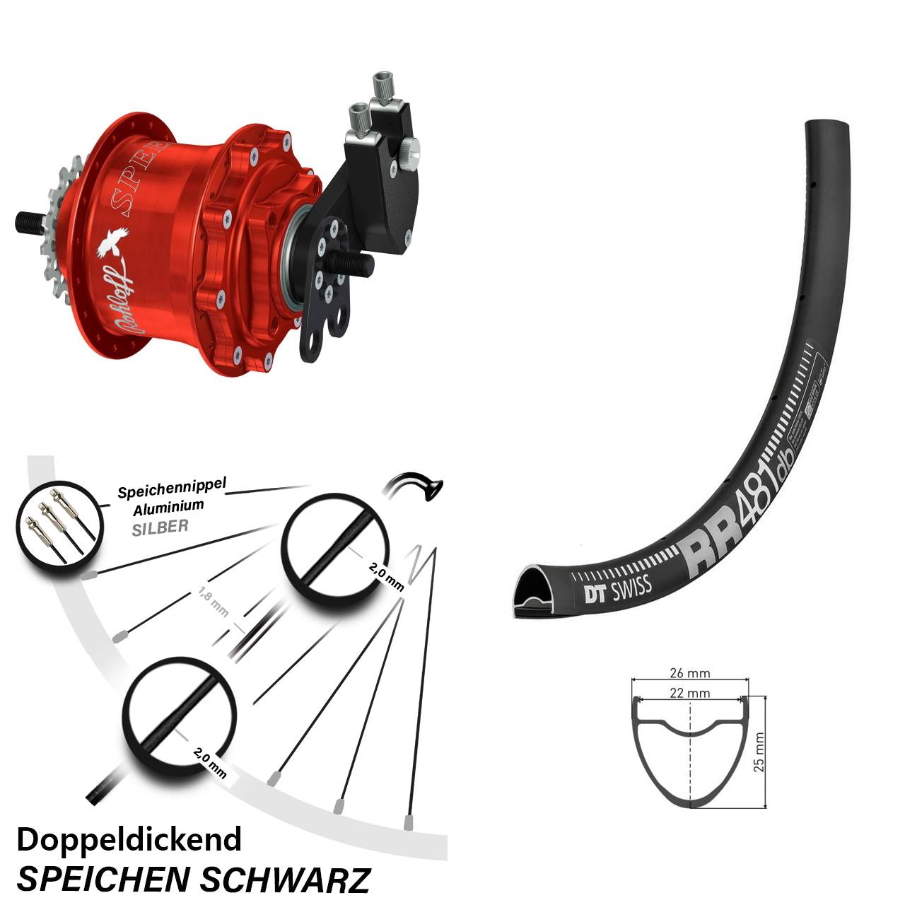Hinterrad 28 Zoll DT Swiss RR 481 Disc Rohloff Speedhub 500/14 TS DB Tandem rot