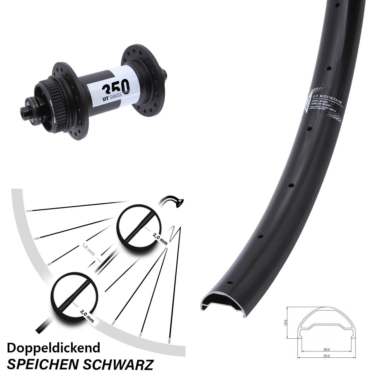29 Zoll KX Mountain TR DT Swiss 350 Vorderrad Centerlock für Schnellspanner