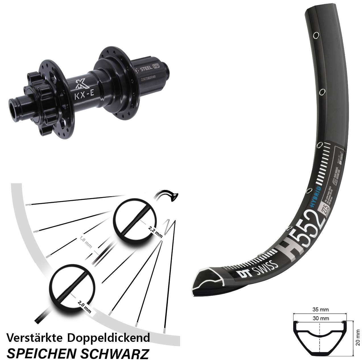 DT Swiss H 552 KX-E Stahl Freilauf 27,5 Zoll Disc Laufrad 12x148 Boost 8-12 fach HG
