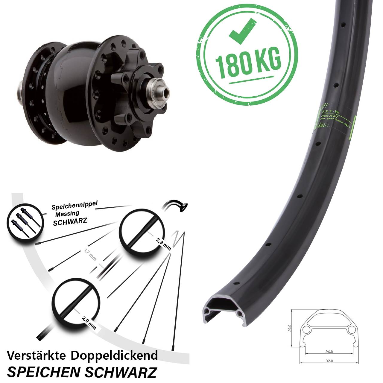 Nabendynamo SON 6-Loch KX Evo Vorderrad 20 Zoll verstärkt