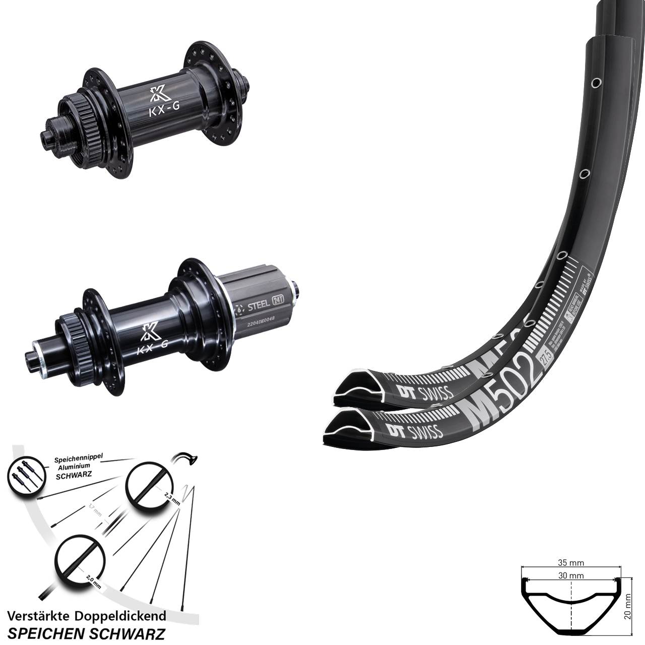 Disc Laufradsatz 29 Zoll DT Swiss M502 KX-GS verstärkt 8-12 fach für Schnellspanner