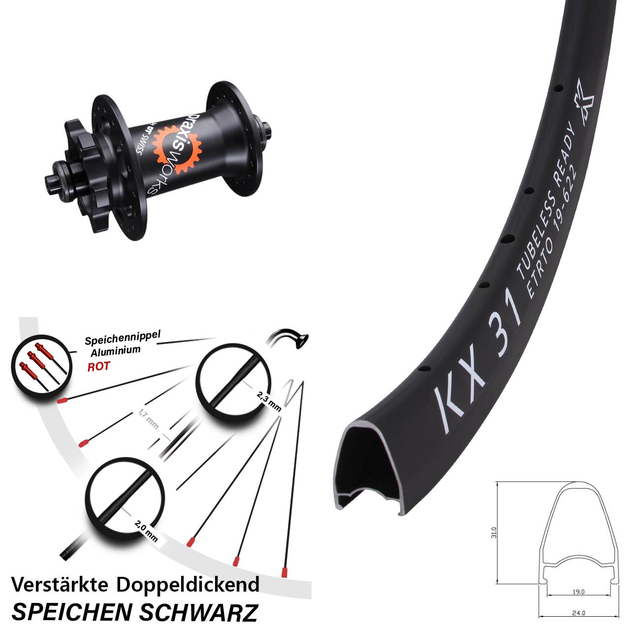 28 Zoll KX 31 DT Swiss 350 QR Vorderrad 6-Loch für Schnellspanner