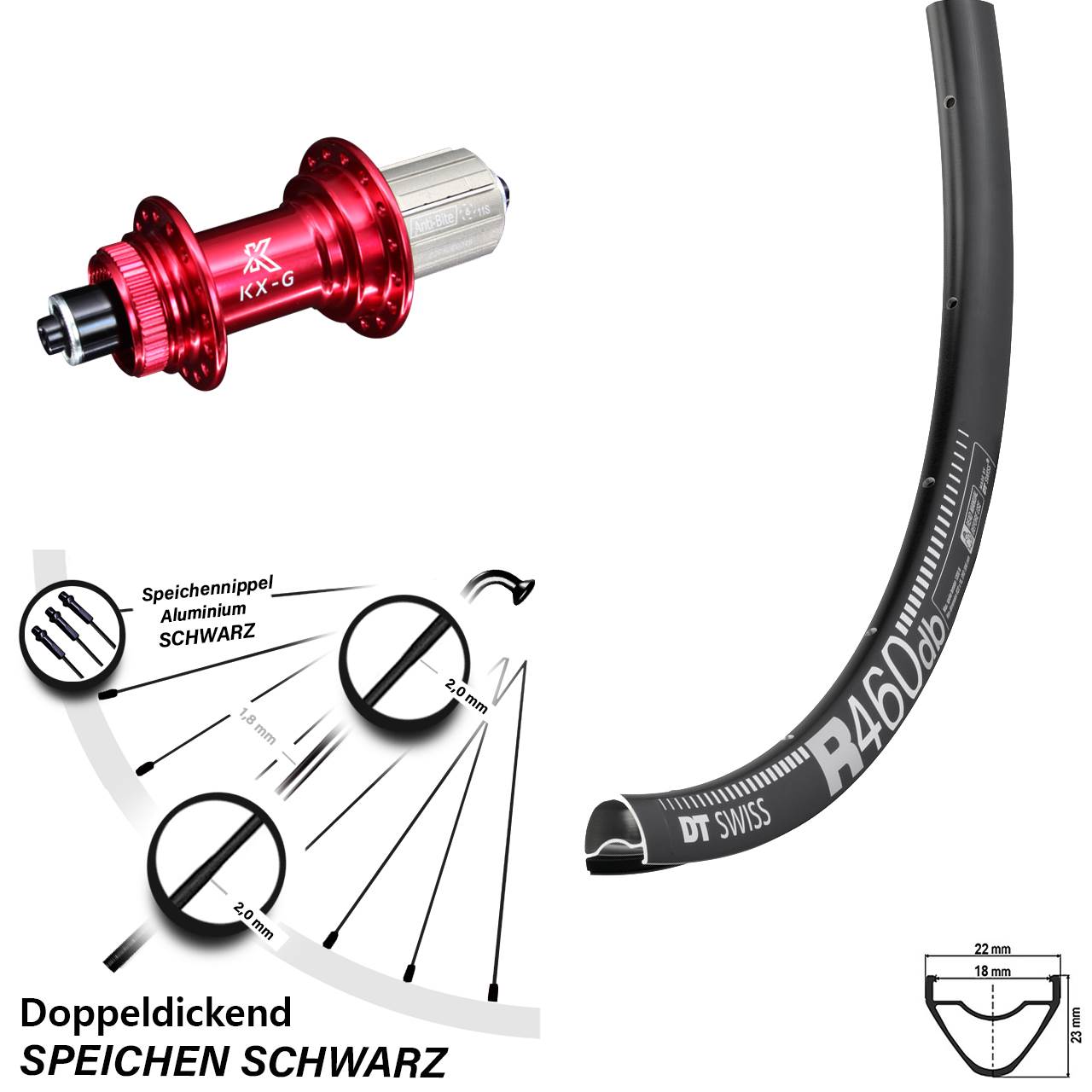 28 Zoll Hinterrad KX-G rot-eloxiert 8-12 fach DT Swiss R 460 DB Centerlock
